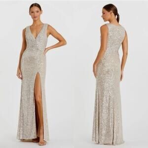 Mac Duggal 26598 Silver Sequin Wrap Waist Gown Formal Dress V Neck Nude Size 2